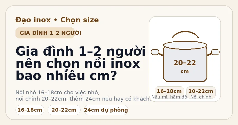 Gia đình 1–2 người nên chọn nồi inox 16–18cm và 20–22cm