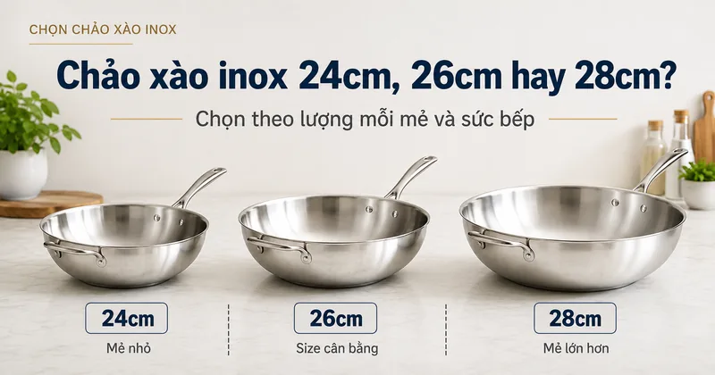So sánh chảo xào inox 24cm 26cm và 28cm
