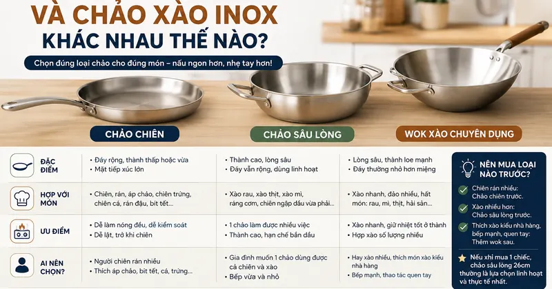 So sánh chảo chiên inox, chảo sâu lòng và wok xào chuyên dụng