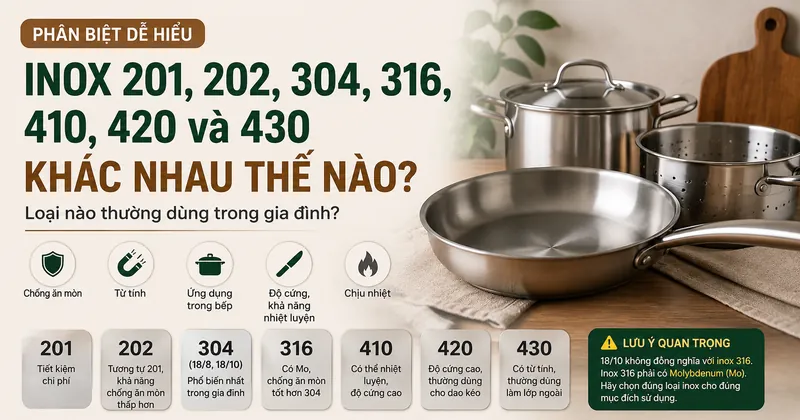 Phân biệt inox 201, 202, 304, 316, 410, 420 và 430 dùng trong gia đình